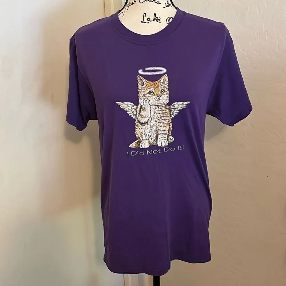 Y2K Cat Angel Halo Purple I Did Not Do It Graphic Shirt